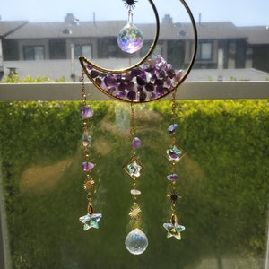 Illuminate Your Space! Stunning Crystal & Purple Amethyst 1/2 Moon Sun Catcher! Top Seller!!