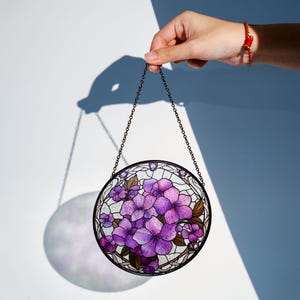 Violet Flower Glass Suncatcher Floral Pendant Window Wall, Hydrangea  glass hanging plant suncatcher window decor,Violet Flower decor