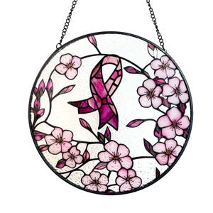 Pink Ribbon Stained Glass Suncatcher: Breast Cancer Awareness Gift