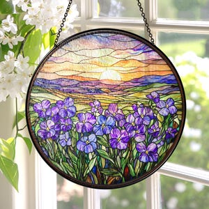 Violet Flower Field Sunset Glass Suncatcher Hanging, Birth Month Flower Window Hanging, Violet Suncatcher Ornament, February Birthday Gift