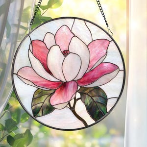 Magnolia Flower Stained Glass Suncatcher: Pink Floral Window Art