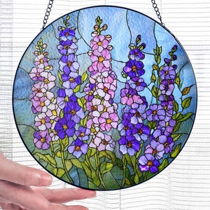 July Birth Flower Stained Glass Suncatcher, Larkspur Floral Window Hanging, Larkspur Suncatcher, Purple Wildflower Sun Catcher Gift for Mom