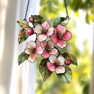 Pink Blossom Floral Acrylic Suncatcher – Faux Stained Glass Window Hanging with Spring Cherry Blossoms, Elegant Nature Decor Gift for Her