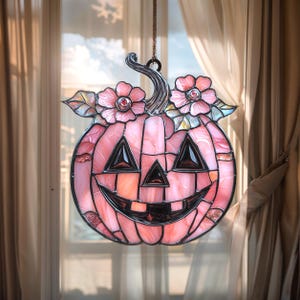 Floral Jack O'Lantern Suncatcher: Pink Acrylic Halloween Window Decor