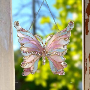 Magical Pink Butterfly Suncatcher Style Decor, Pink Butterfly Acrylic Suncatcher, Faux Stained Glass Butterfly Suncatcher