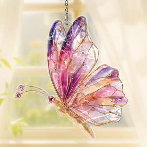 Butterfly Acrylic Suncatcher, Purple Pink Stained Glass Style Window Hanging Decoration, Colorful Sun Catcher Gift for Garden & Home Décor