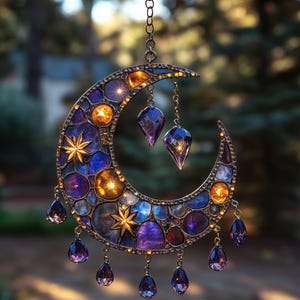 Purple Crescent Moon Suncatcher - Acrylic Celestial Window Hanging