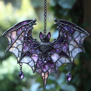 Purple Floral Bat Acrylic Suncatcher – Gothic Faux Stained Glass Window Hanging With Crescent Wings, Witchy Halloween Decor Gift