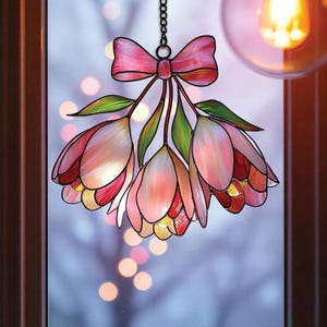 Pink Bell Flower Faux Stained Glass Suncatcher: Floral Window Decor