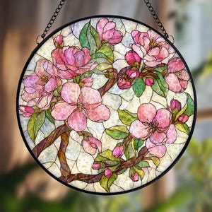 Cherry Blossom Stained Glass Suncatcher, Pink Floral Window Hanging with Branches and Buds, Nature Inspired Home Decor Gift for Garden