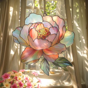 Pastel Peony Faux Stained Glass Suncatcher - Acrylic Window Hanging Flower For Romantic, Cottagecore Or Botanical Room Decor
