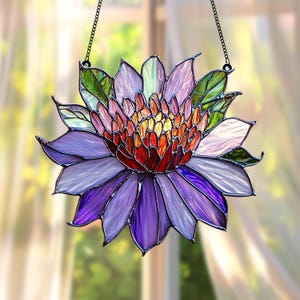 Purple Lotus Stained Glass Suncatcher – Handmade Flower Window Hanging