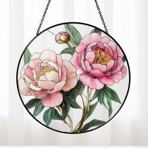 Pink Peony Stained Glass Suncatcher, Floral Window Hanging Panel, Elegant Flower Decor, Garden Lover Gift, Spring Sun Catcher